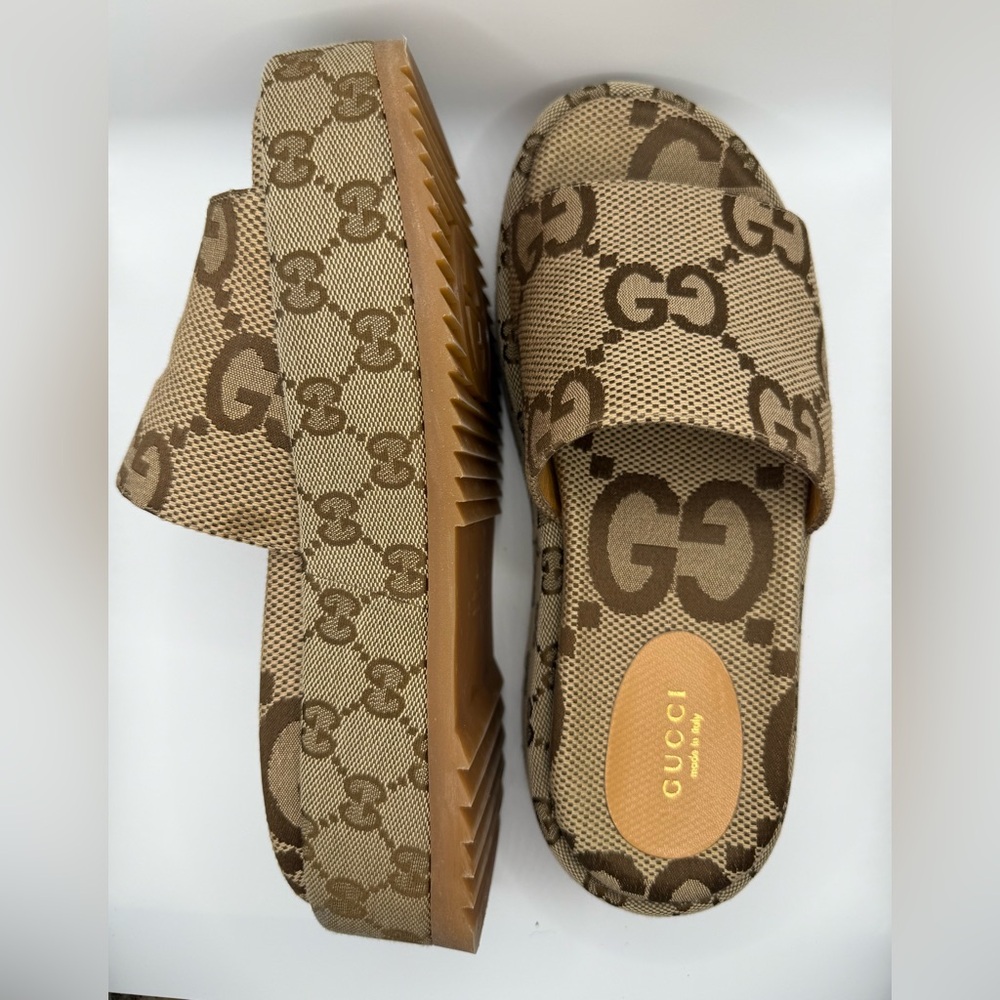 Gucci Beige and Brown GG Pattern Slides
